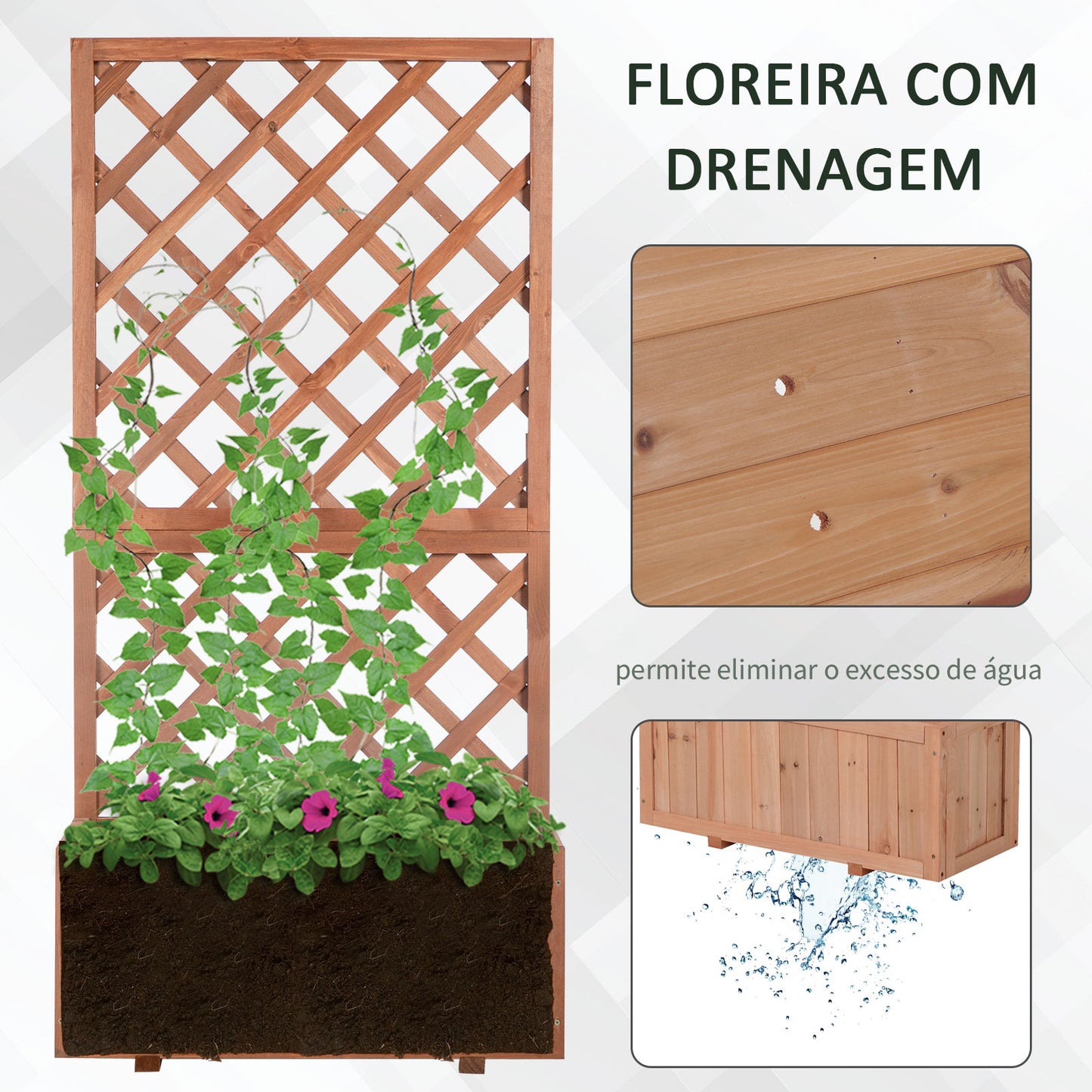 Outsunny Floreira com Treliça de Madeira Maciça Caixa de Plantio com Suporte para Plantas Trepadeiras para Cultivo de Plantas Flores 72,5x31,5x149,5 cm Natural