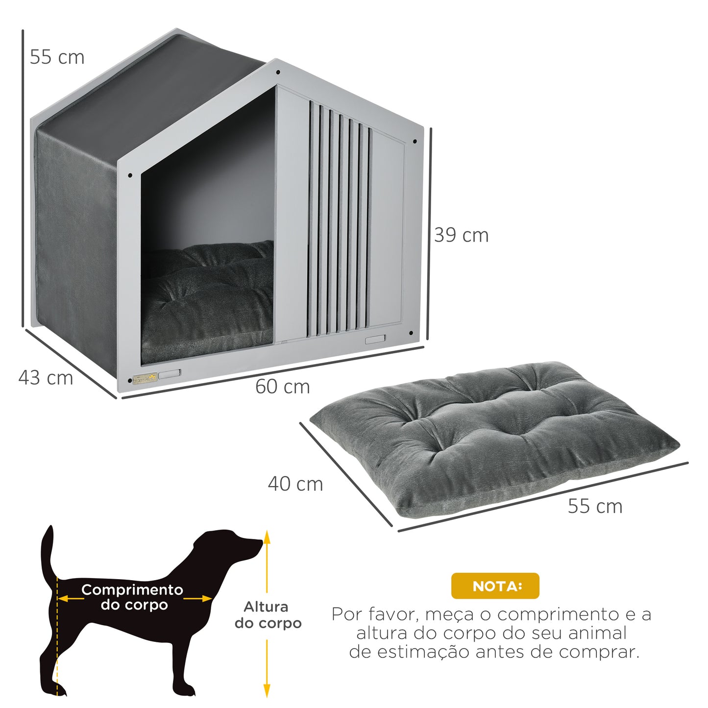 PawHut Casa de Madeira para Cães Pequenos Casa para Animais de Estimação Interior com Almofada Acolchoada Grossa Cobertura de Tecido Oxford Removível e Ventilações 60x43x55 Cinza