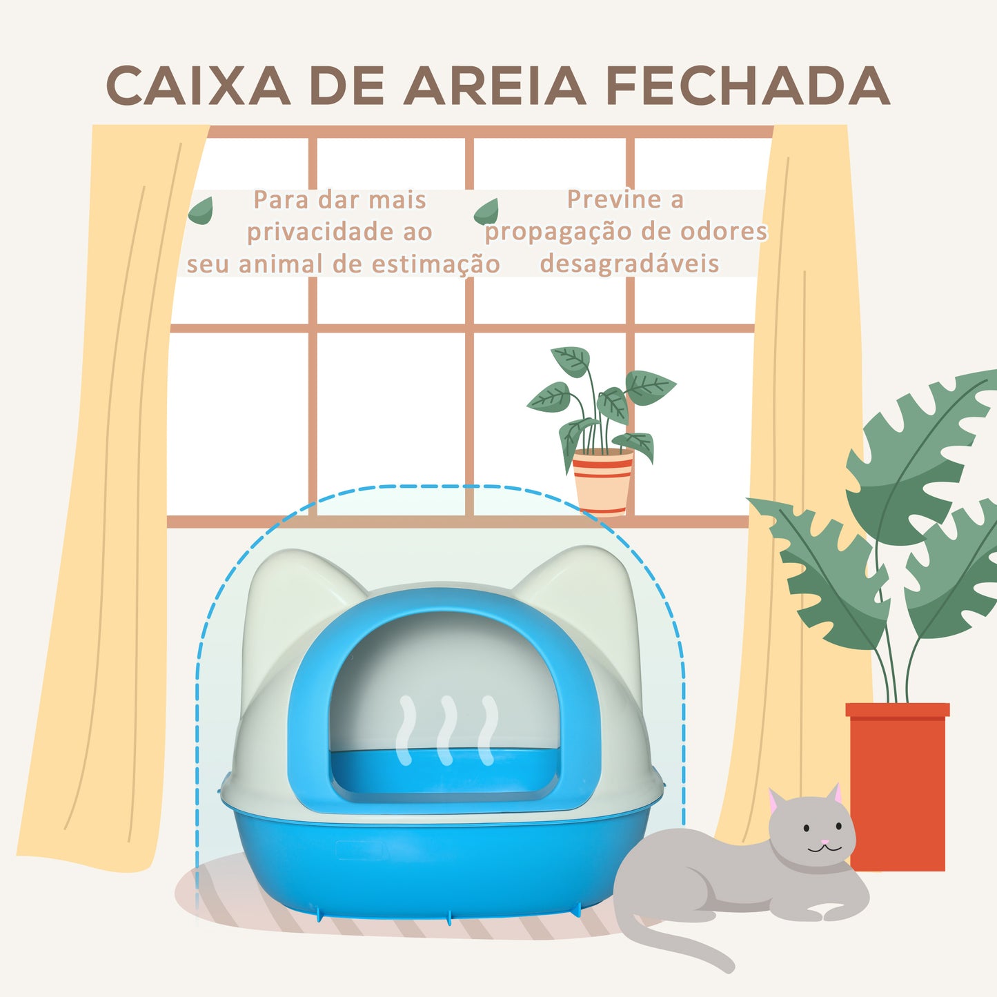 PawHut Caixa de Areia para Gatos Caixa de Areia Fechada com Orifício de Entrada e Pá Incluída 59x42,5x47cm Branco e Azul