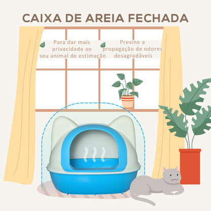 PawHut Caixa de Areia para Gatos Caixa de Areia Fechada com Orifício de Entrada e Pá Incluída 59x42,5x47cm Branco e Azul