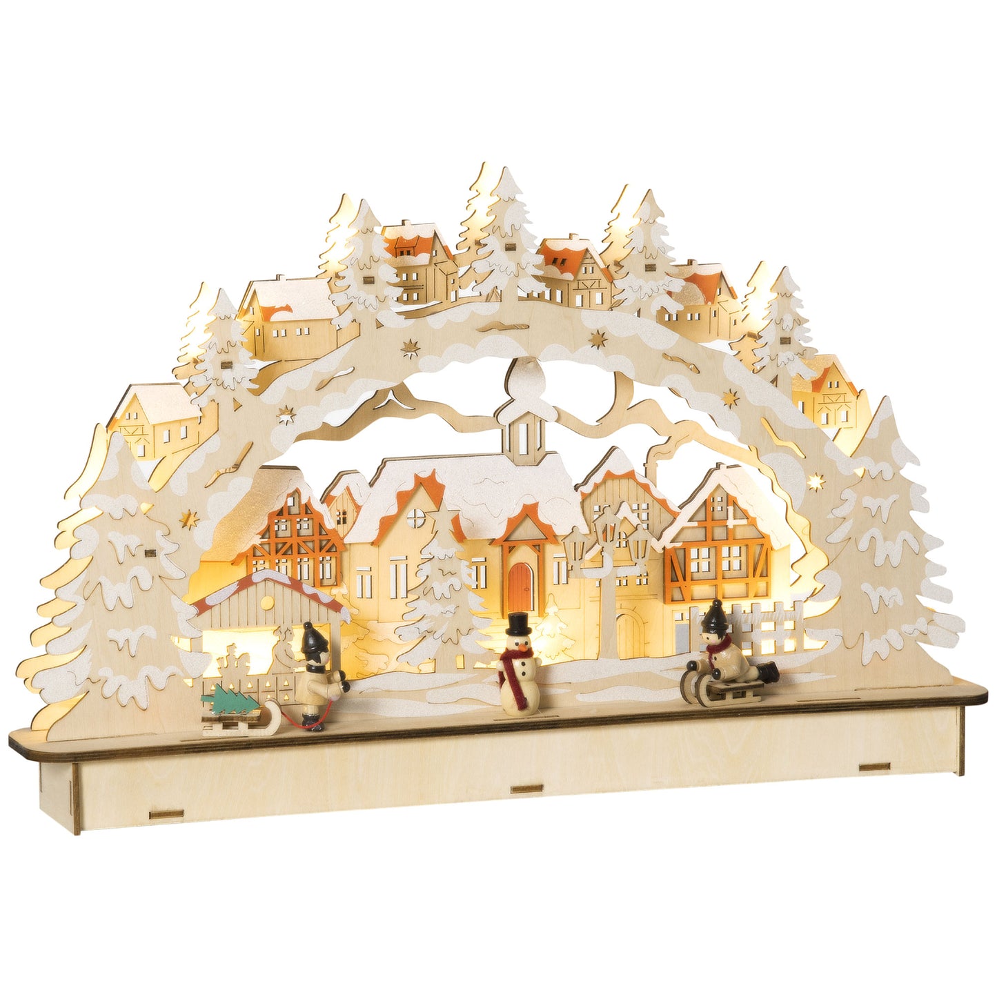 HOMCOM Casa de Vila Natal com 12 Luzes LED Cena Natalícia Iluminada Decoração de Natal para Escritório Mesa Lareira 45x7x28cm Madeira