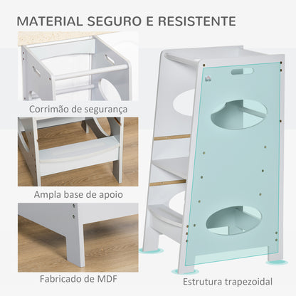 HOMCOM Torre de Aprendizagem de Madeira para Crianças Torre de Aprendizagem Infantil com Altura Ajustável em 3 Posições e Barra de Segurança 40x50x90 cm Cinza