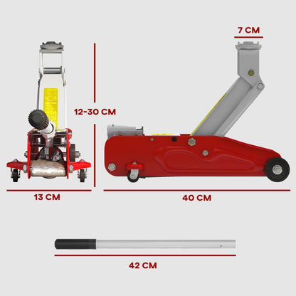 HOMCOM Macaco Hidráulico para Carros de 2 Toneladas Macaco Hidráulico com Altura Ajustável 12-30 cm e 4 Rodas para Apoiar Carros Vermelho e Cinza