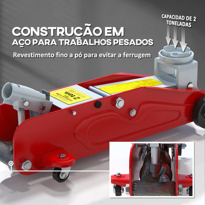 HOMCOM Macaco Hidráulico para Carros de 2 Toneladas Macaco Hidráulico com Altura Ajustável 12-30 cm e 4 Rodas para Apoiar Carros Vermelho e Cinza