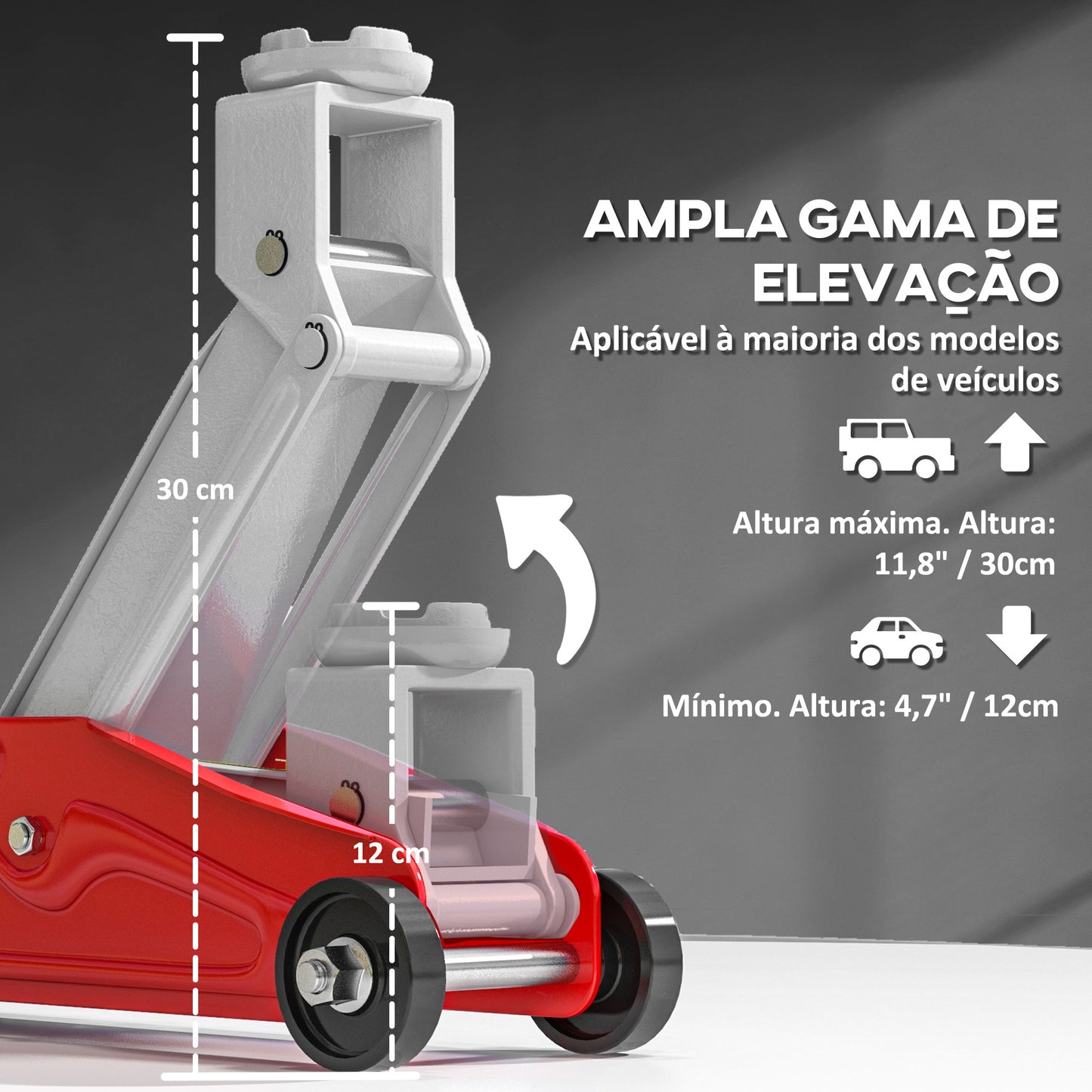 HOMCOM Macaco Hidráulico para Carros de 2 Toneladas Macaco Hidráulico com Altura Ajustável 12-30 cm e 4 Rodas para Apoiar Carros Vermelho e Cinza