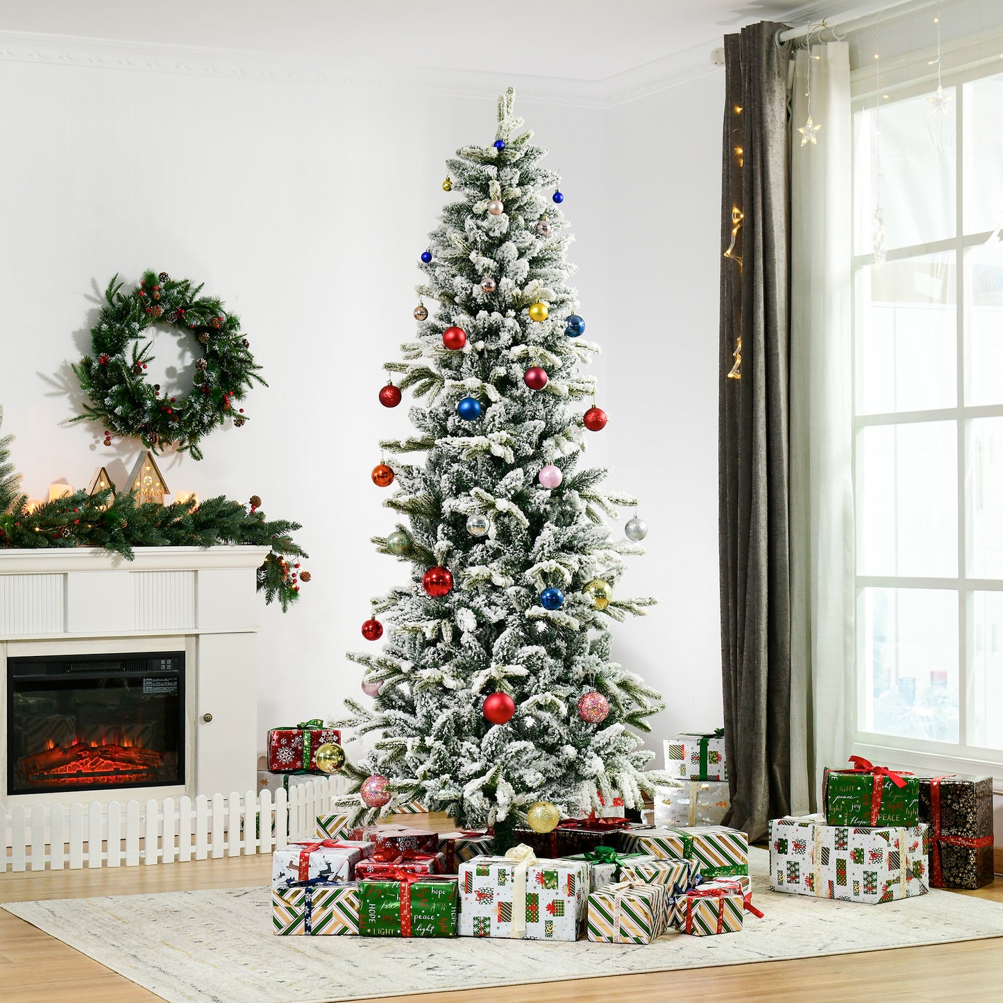 HOMCOM Árvore de Natal Ø95x210cm Neve Artificial com 784 Pontas de Ramos Ignífugos e Suporte de Aço Decoração de Natal para Interiores Verde e Branco