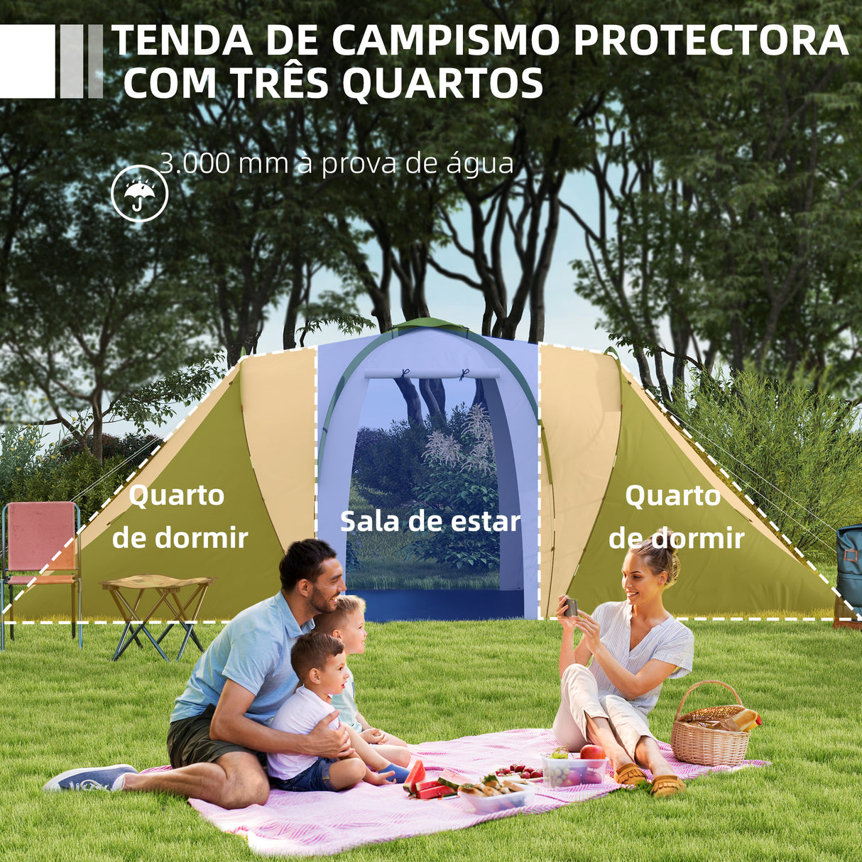 Outsunny Tenda de Campismo Familiar para 4-6 Pessoas com 2 Dormitórios Tenda de Campismo Grande Impermeável 3000 mm com Bolsa de Transporte 555x225x190 cm Cinza e Verde