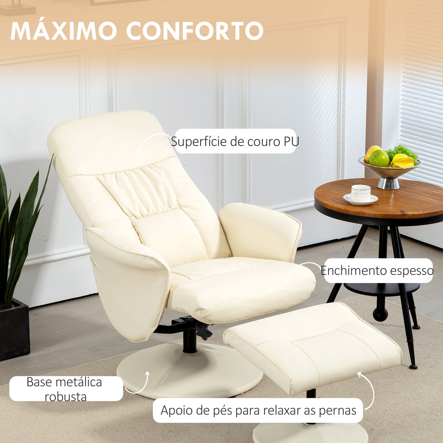 HOMCOM Poltrona Relax com Apoio para os Pés Estofada em PU Poltrona Relax Reclinável até 145° e Giratório 360° com Encosto Ajustável para Sala de Estar Dormitório Escritório 81x81x105cm Creme