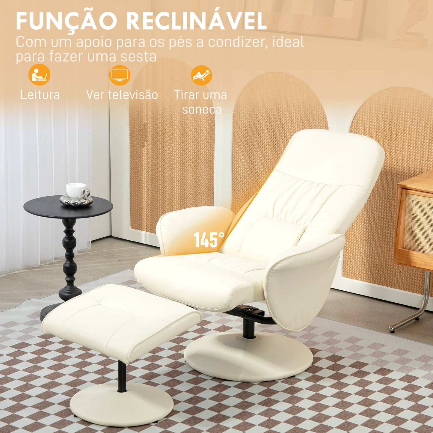 HOMCOM Poltrona Relax com Apoio para os Pés Estofada em PU Poltrona Relax Reclinável até 145° e Giratório 360° com Encosto Ajustável para Sala de Estar Dormitório Escritório 81x81x105cm Creme