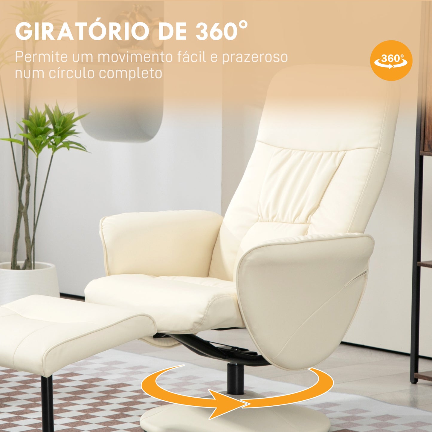 HOMCOM Poltrona Relax com Apoio para os Pés Estofada em PU Poltrona Relax Reclinável até 145° e Giratório 360° com Encosto Ajustável para Sala de Estar Dormitório Escritório 81x81x105cm Creme