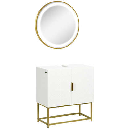 kleankin Conjunto Móveis para Casa de Banho Móvel para Lavatório Pousar com Pés de Aço e Espelho para Casa de Banho com Luz LED Interruptor Tátil 60x30x65 cm Ø60x4 cm Branco e Dourado