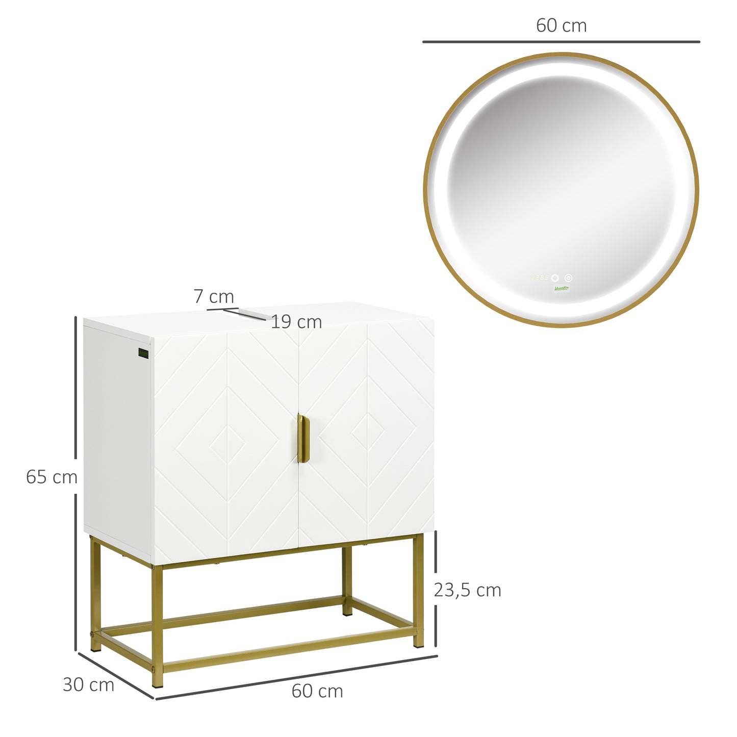 kleankin Conjunto Móveis para Casa de Banho Móvel para Lavatório Pousar com Pés de Aço e Espelho para Casa de Banho com Luz LED Interruptor Tátil 60x30x65 cm Ø60x4 cm Branco e Dourado