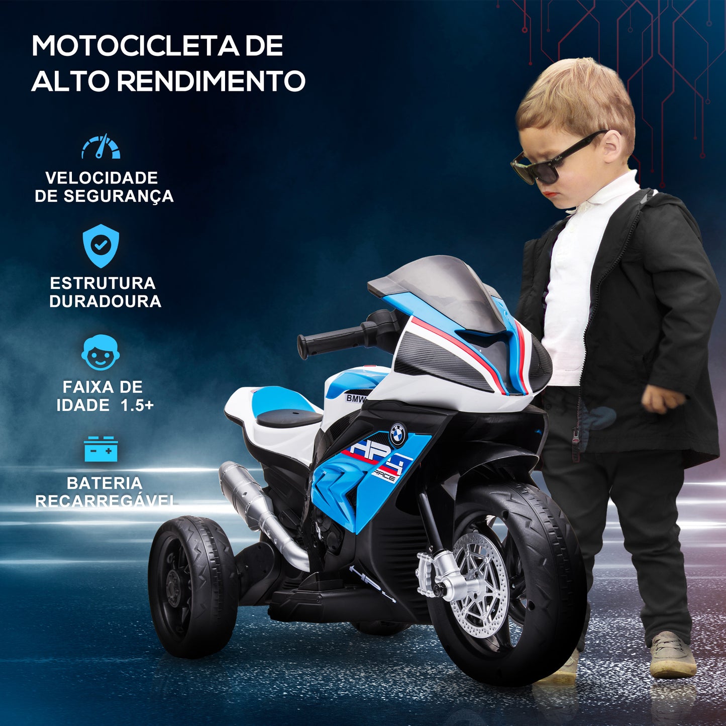 HOMCOM Mota Elétrica BMW HP4 para Crianças Acima de 18 Meses Mota de Bateria 6V com Música USB Velocidade 2,5km/h Avance e Retrocesso Carga Máxima 30kg 82,5x42x54cm Azul