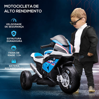 HOMCOM Mota Elétrica BMW HP4 para Crianças Acima de 18 Meses Mota de Bateria 6V com Música USB Velocidade 2,5km/h Avance e Retrocesso Carga Máxima 30kg 82,5x42x54cm Azul