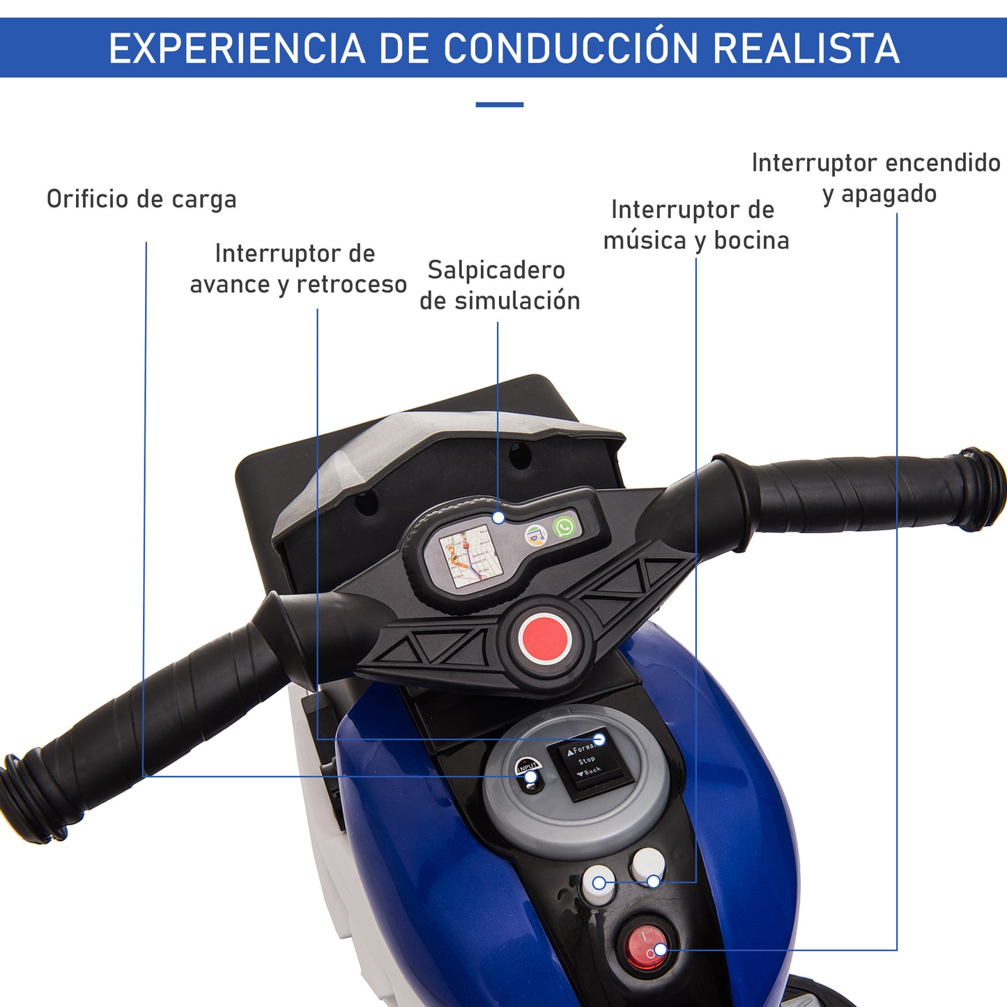 HOMCOM Motocicleta Elétrica Infantil com 3 Rodas para Crianças acima de 3 anos Triciclo com Pedal para Crianças Bateria 6V com Luzes Música Pneus Largos 86x42x52cm Azul