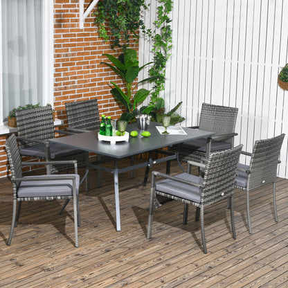 Outsunny Conjunto de Refeição de Jardim em Vime Sintético Conjunto de Móveis para Exterior de 7 Peças Inclui 6 Cadeiras com Almofadas e Mesa de Metal Cinza