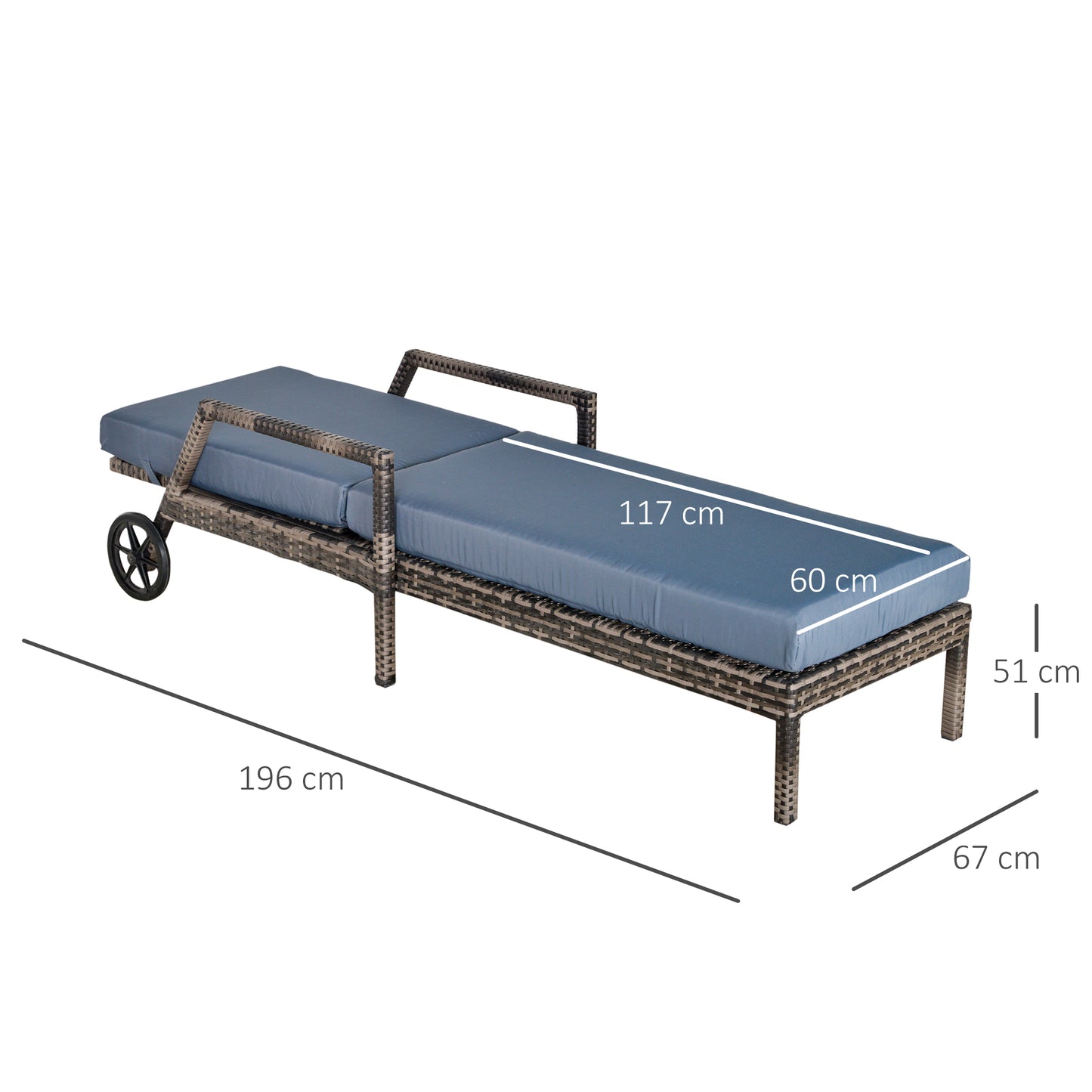 Outsunny Espreguiçadeira de vime de jardim com almofadas acolchoadas Encosto ajustável em 5 posições 2 rodas e tecido lavável removível 67x196x51 cm Cinza