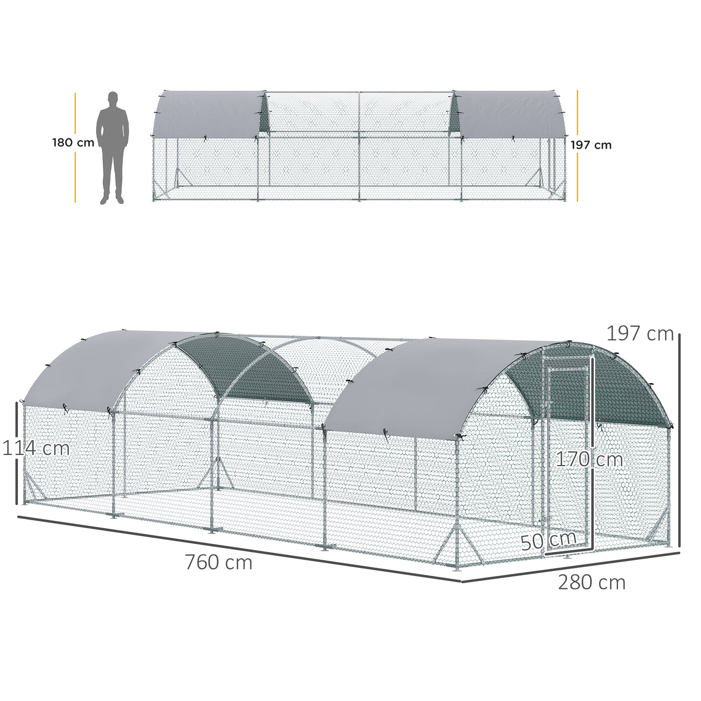 PawHut Galinheiro para Exterior Grande 2,8x7,60x1,97 m Galinheiro para 16-24 Galinhas de Aço Galvanizado com Teto de Tecido Oxford para Coelhos Aves Prata