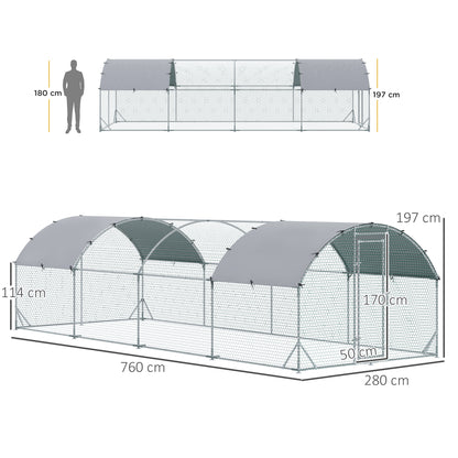 PawHut Galinheiro para Exterior Grande 2,8x7,60x1,97 m Galinheiro para 16-24 Galinhas de Aço Galvanizado com Teto de Tecido Oxford para Coelhos Aves Prata