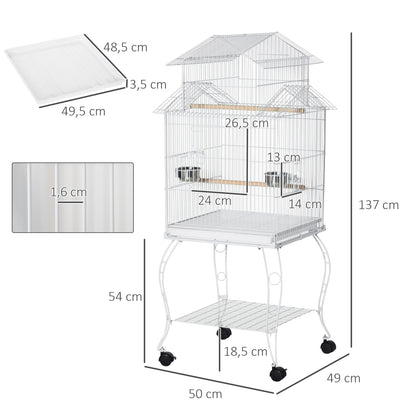 PawHut Gaiola para Pássaros com Rodas Gaiola Grande com Suporte 50x49x137cm com Bandeja Amovível Portas Comedouro Poleiro e Prateleira Inferior para Canários Periquitos Branco