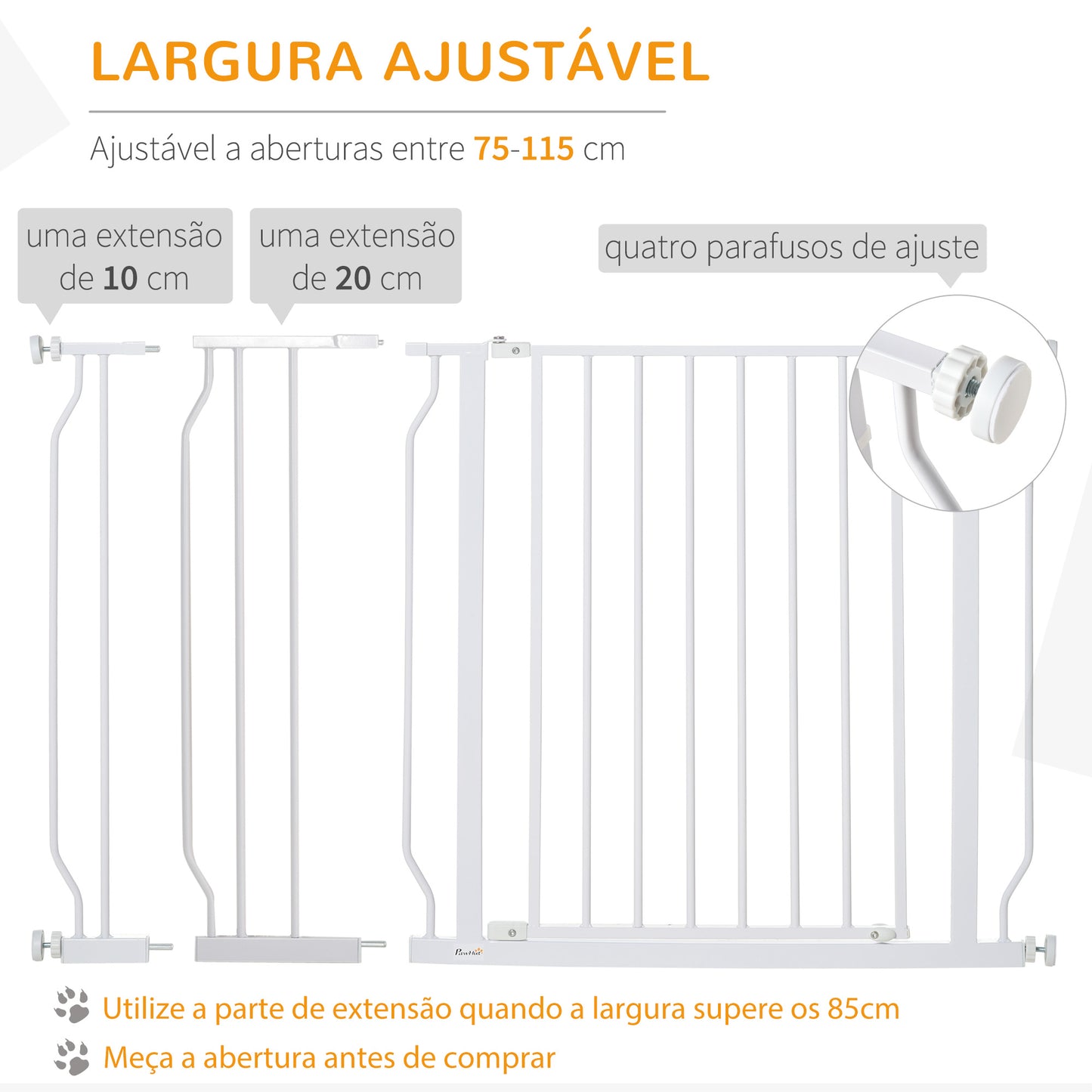 PawHut Barreira de Segurança para Cães Extensível para Escadas e Portas 75-115cm com 2 Extensões e 10-20cm Montagem a Pressão Aço Altura 76cm Branco