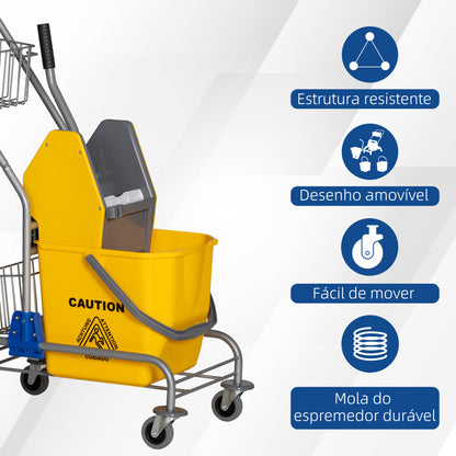 HOMCOM Carro de Limpeza Balde para Esfregona com Escorredor a Pressão Rodas e Cesto de Armazenamento Capacidade 26L 73x45x95 cm Amarelo