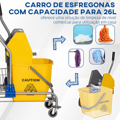 HOMCOM Carro de Limpeza Balde para Esfregona com Escorredor a Pressão Rodas e Cesto de Armazenamento Capacidade 26L 73x45x95 cm Amarelo