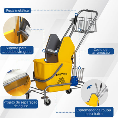 HOMCOM Carro de Limpeza Balde para Esfregona com Escorredor a Pressão Rodas e Cesto de Armazenamento Capacidade 26L 73x45x95 cm Amarelo