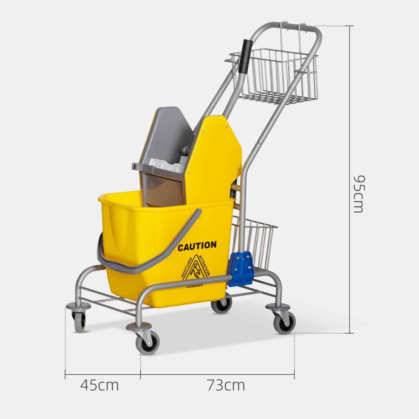 HOMCOM Carro de Limpeza Balde para Esfregona com Escorredor a Pressão Rodas e Cesto de Armazenamento Capacidade 26L 73x45x95 cm Amarelo