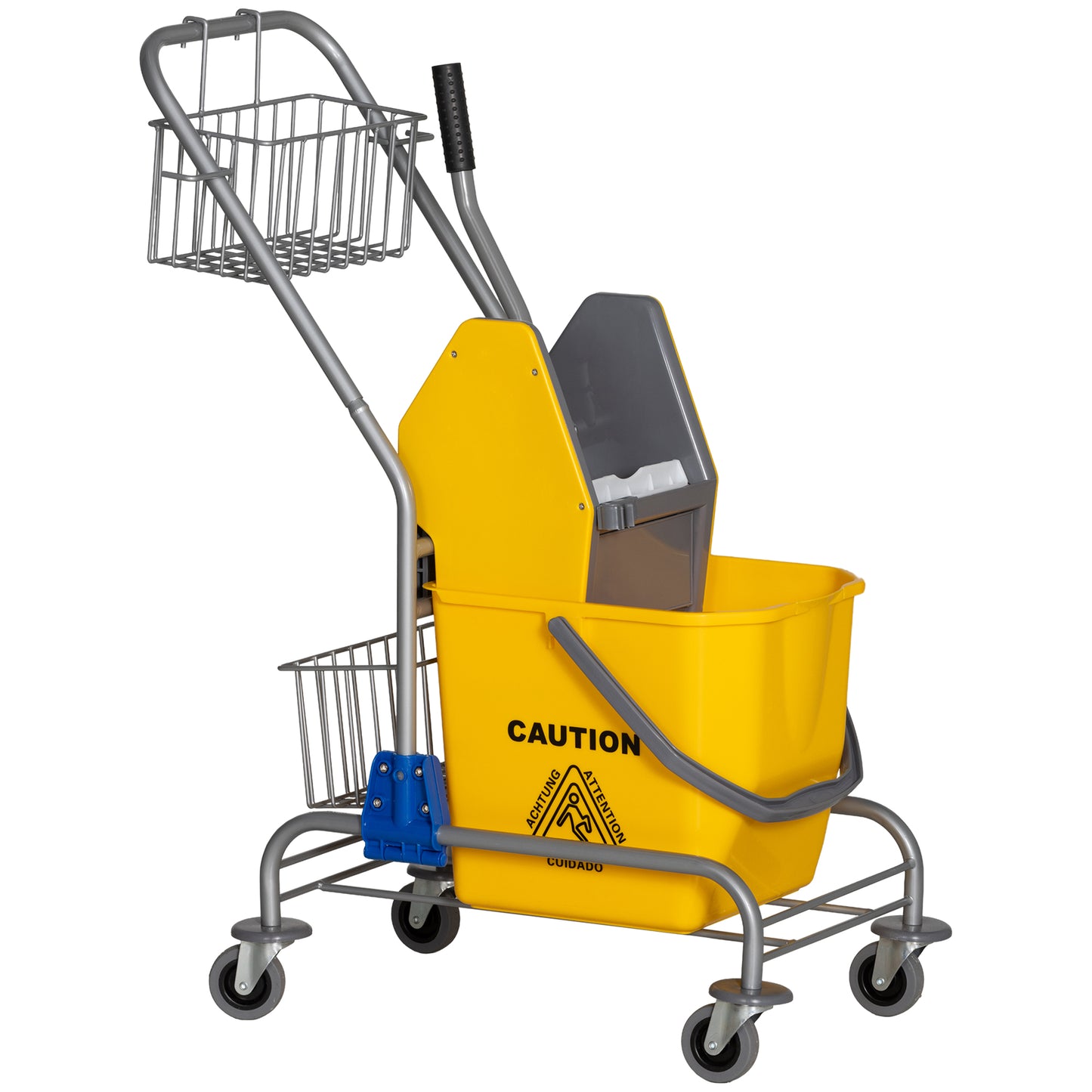 HOMCOM Carro de Limpeza Balde para Esfregona com Escorredor a Pressão Rodas e Cesto de Armazenamento Capacidade 26L 73x45x95 cm Amarelo