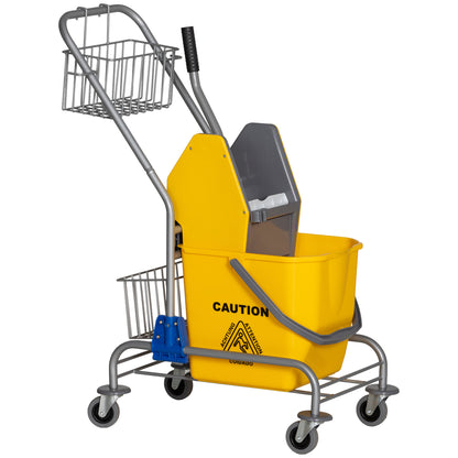 HOMCOM Carro de Limpeza Balde para Esfregona com Escorredor a Pressão Rodas e Cesto de Armazenamento Capacidade 26L 73x45x95 cm Amarelo