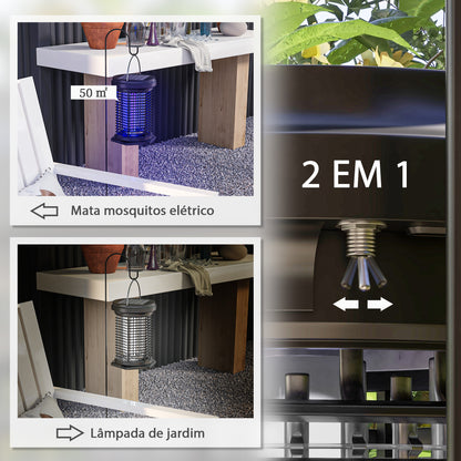 Outsunny Lâmpada Mata Mosquitos Elétrica 2 em 1 5W Mata Mosquitos Elétrico com Luzes LED UV Recarregável Solar e USB Efeito 30 m² Mata-moscas Elétrico para Jardim Terraço Pátio Preto