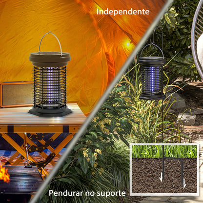 Outsunny Lâmpada Mata Mosquitos Elétrica 2 em 1 5W Mata Mosquitos Elétrico com Luzes LED UV Recarregável Solar e USB Efeito 30 m² Mata-moscas Elétrico para Jardim Terraço Pátio Preto