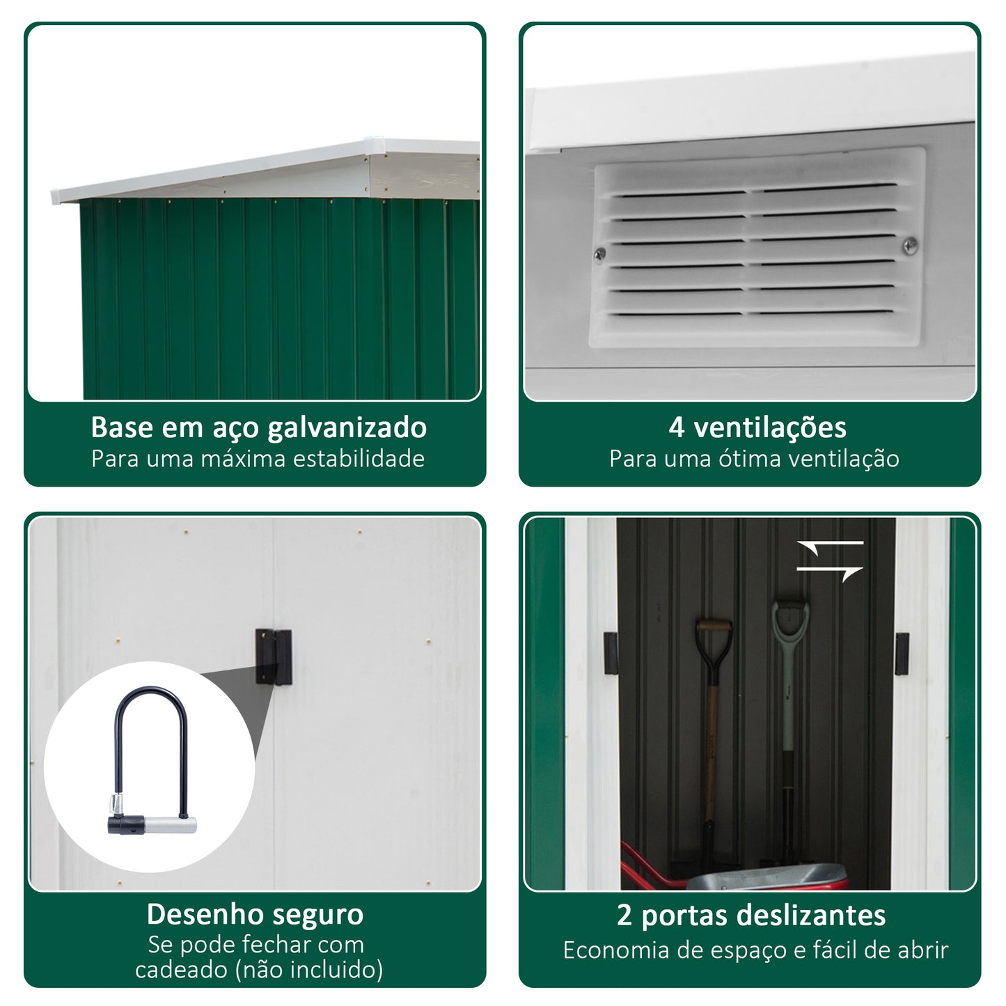 Outsunny Abrigo de Jardim 280x130x172cm Abrigo de Exterior de Aço Galvanizado com Porta Corredeira e Ventilações para Armazenamento de Ferramentas Verde