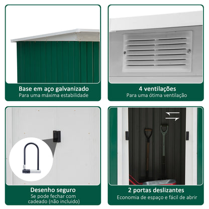 Outsunny Abrigo de Jardim 280x130x172cm Abrigo de Exterior de Aço Galvanizado com Porta Corredeira e Ventilações para Armazenamento de Ferramentas Verde