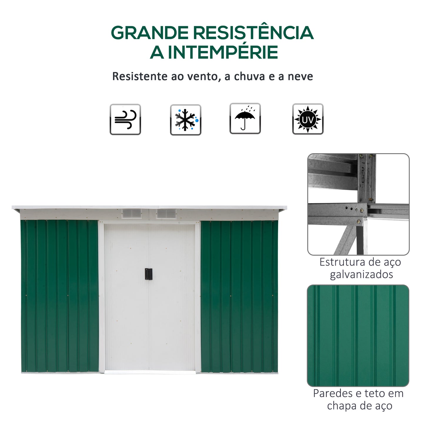 Outsunny Abrigo de Jardim 280x130x172cm Abrigo de Exterior de Aço Galvanizado com Porta Corredeira e Ventilações para Armazenamento de Ferramentas Verde