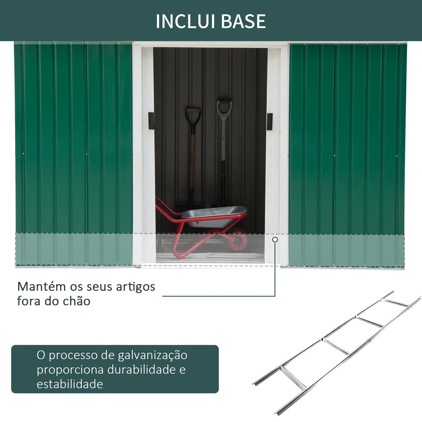 Outsunny Abrigo de Jardim 280x130x172cm Abrigo de Exterior de Aço Galvanizado com Porta Corredeira e Ventilações para Armazenamento de Ferramentas Verde