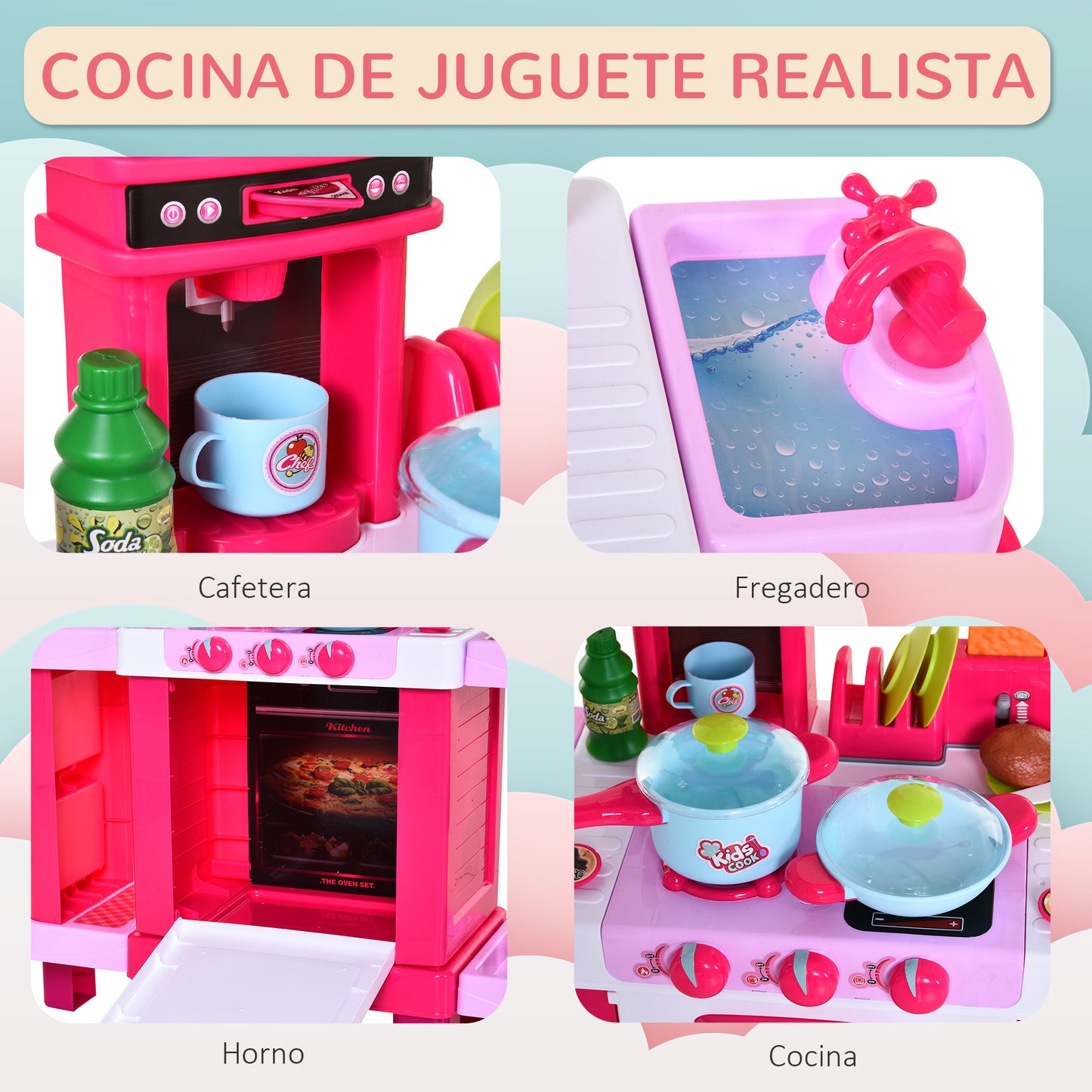 HOMCOM Conjunto de brinquedos de cozinha para crianças acima de 3 anos educacional com 38 acessórios incluídos 78x29x87 cm rosa