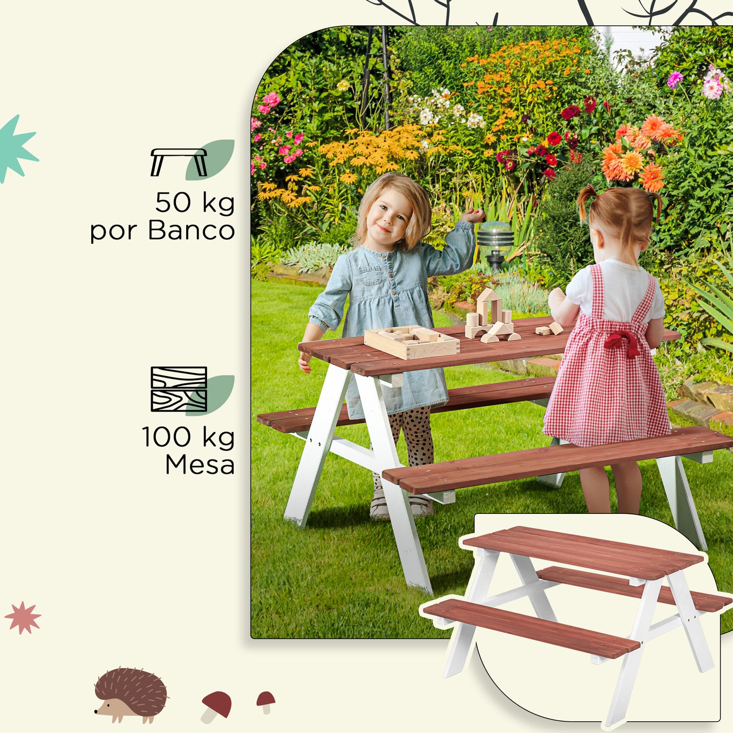 Outsunny Conjunto de Mesa e 2 Bancos Infantil de Madeira Mesa de Piquenique para Crianças de 3-8 Anos para Jardim Pátio Varanda 89x79x50 cm Marrom e Branco