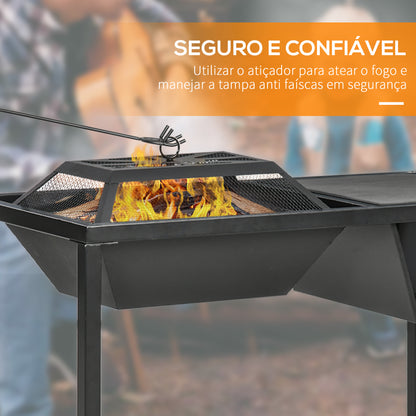 Outsunny Braseiro 4 em 1 de Aço Galvanizado para Jardim Barbecue a Lenha Cubo de Gelo Mesa de Jardim com Tampa Protetora de Faíscas e Atiçador 100x46,5x64cm Preto