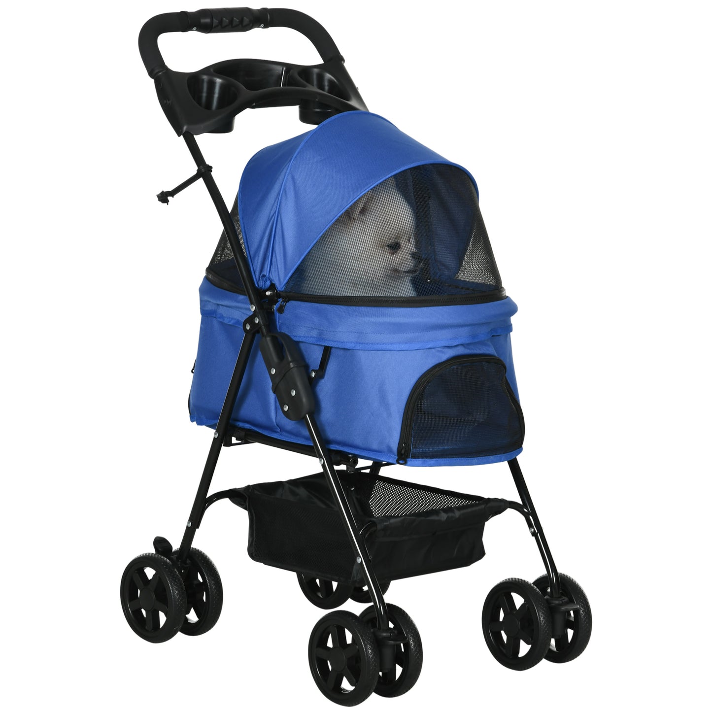 PawHut Carrinho dobrável para animais de estimação, desmontável para cães de aço Oxford rodas giratórias freios janela 67x45x96 cm azul