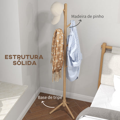 HOMCOM Cabide de Pé de Madeira Cabide de Pé com 8 Ganchos para Pendurar Roupa e Bolsas Cabide em Forma de Árvore para Corredor Entrada Quarto 40x40x165 cm Natural