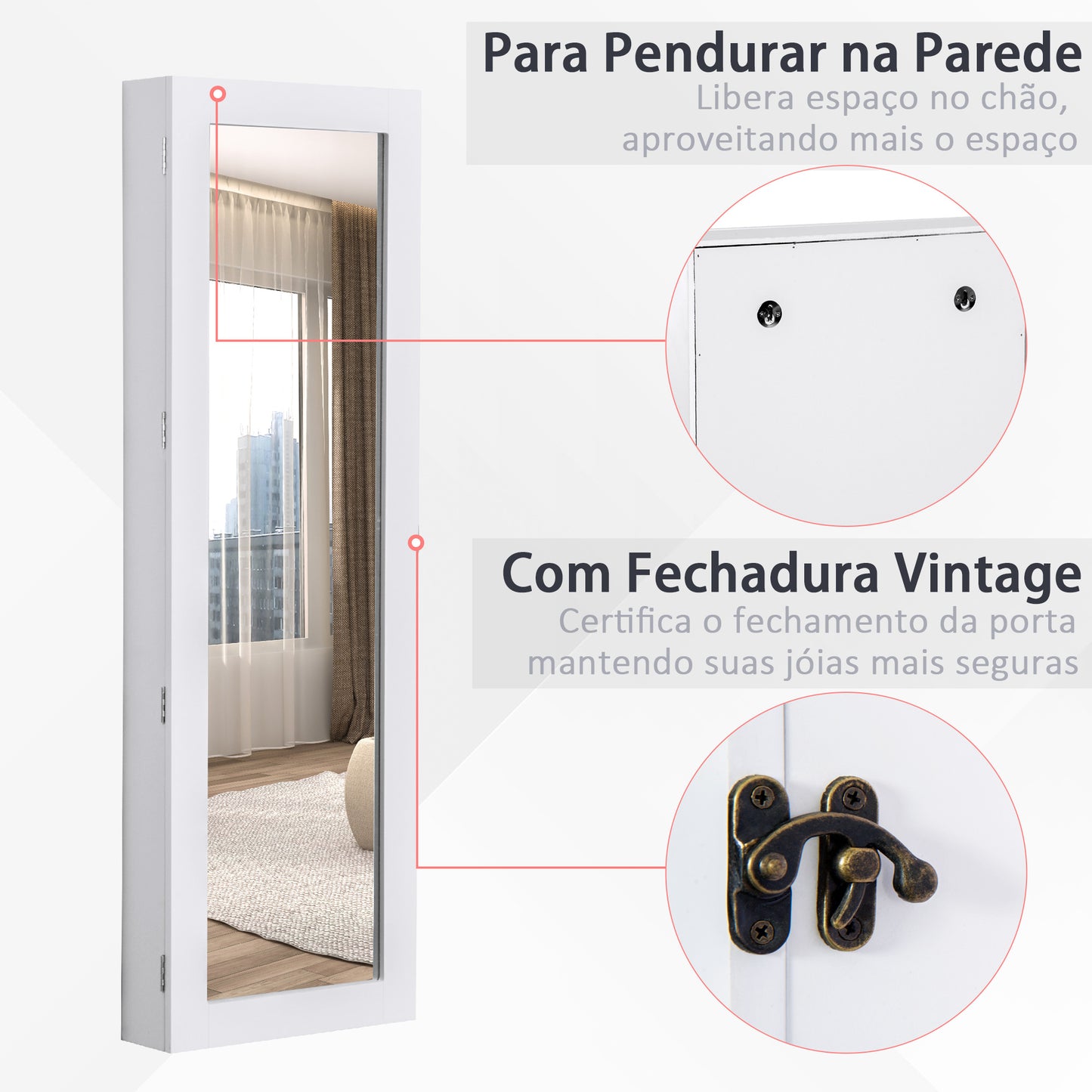 HOMCOM Espelho com Móvel de Bijuterias de Parede Espelho de Parede Organizador de Jóias com Ganchos e Ranhuras para Dormitórios 37x9,5x112cm Branco