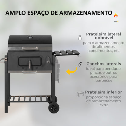 Outsunny Barbecue a Carvão com Rodas Barbecue com Tampa Grelhas de Aço Inoxidável Termômetro Fogão Ajustável Bandeja Lateral e Prateleira 113x65x108 cm Preto