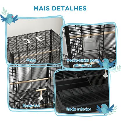 PawHut Gaiola para Pássaros 61x36,5x98 cm Gaiola para Aves com Portas Poleiros Bandeja Removível Caixas de Comida e Alças para Canários Periquitos Preto