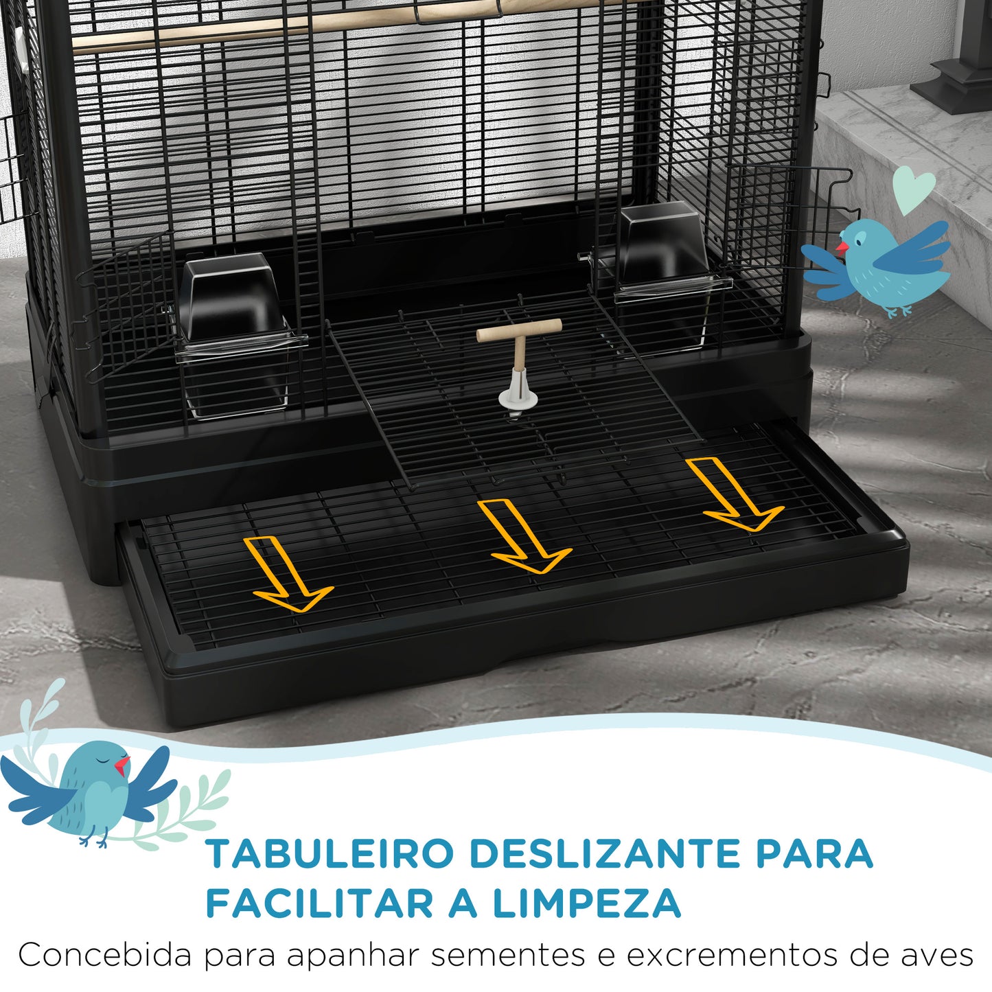 PawHut Gaiola para Pássaros 61x36,5x98 cm Gaiola para Aves com Portas Poleiros Bandeja Removível Caixas de Comida e Alças para Canários Periquitos Preto