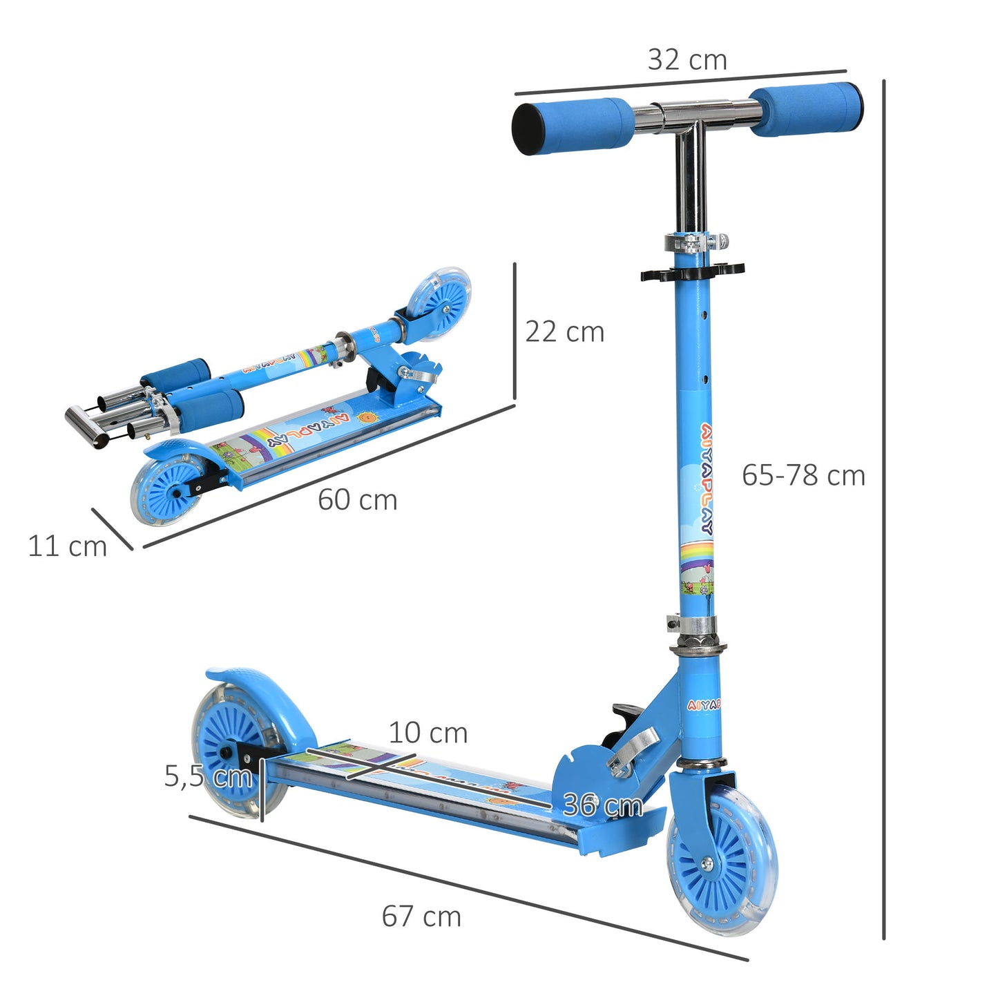 HOMCOM Trotinete para Crianças Dobrável Trotinete Infantil com Luzes e Música 4 Alturas Ajustável Rodas Brilhantes e Pedal LED para 3-7 Anos Carga 50 kg 67x32x65-78 cm Azul