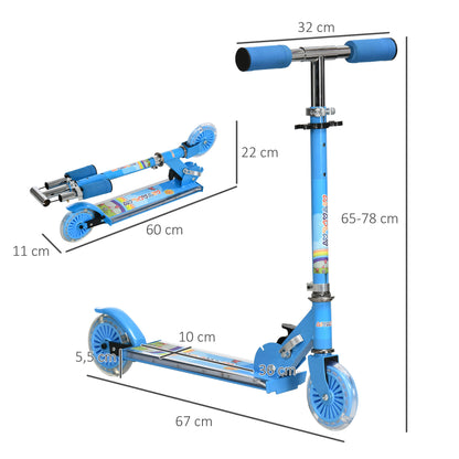 HOMCOM Trotinete para Crianças Dobrável Trotinete Infantil com Luzes e Música 4 Alturas Ajustável Rodas Brilhantes e Pedal LED para 3-7 Anos Carga 50 kg 67x32x65-78 cm Azul