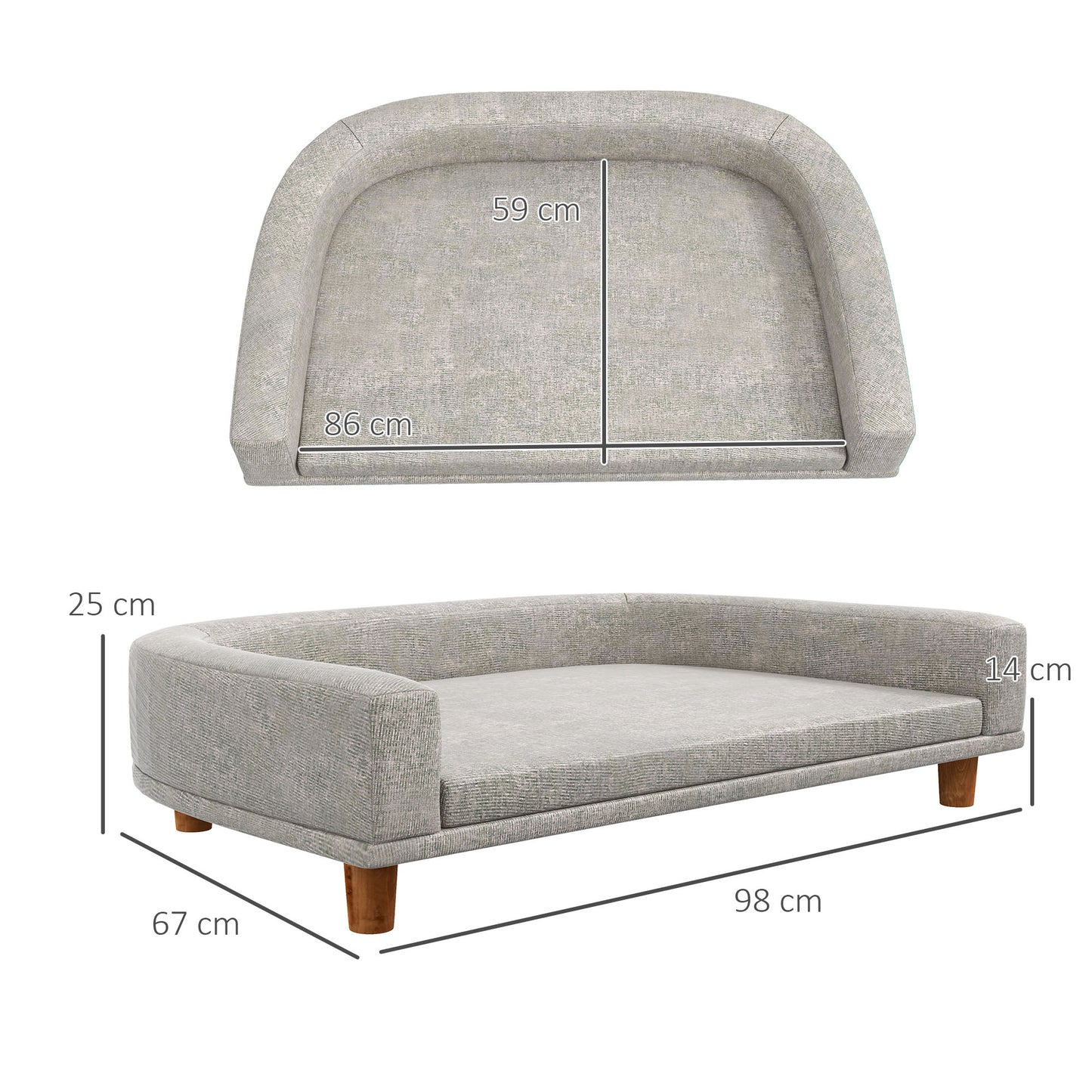 PawHut Sofá para Cães Cama Elevada para Cães Estofada com Almofada Lavável e Pés de Madeira de Pinho Carga Máxima 40 kg 98x67x25 cm Cinza