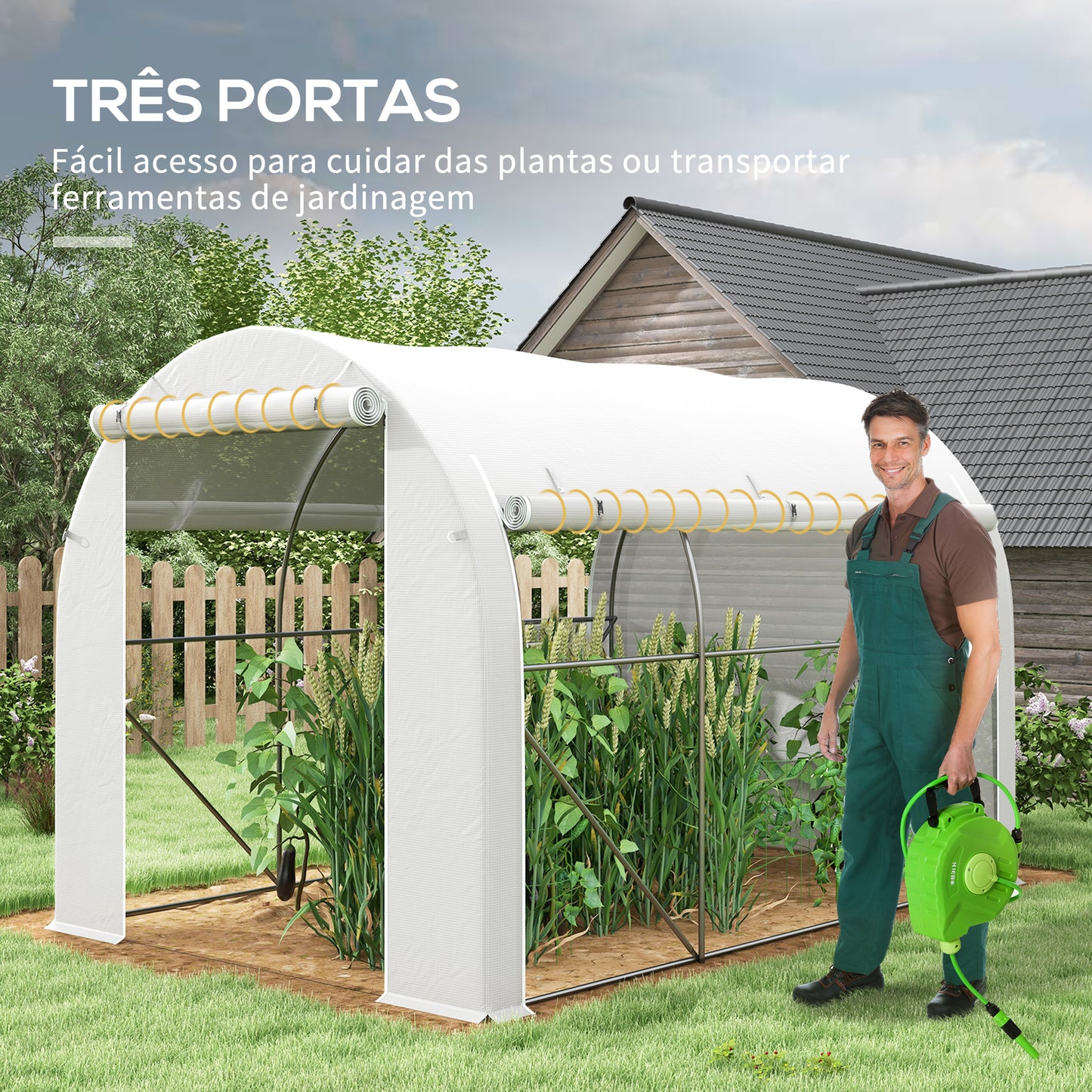 Outsunny Estufa Tipo Túnel 3x2x2 m Estufa de Jardim com 3 Portas e 6 Janelas Enroláveis Estufa com Teto Curvo para Cultivo de Plantas Flores Branco